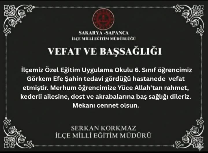 Sapanca İlçe Milli Eğitim Müdürlüğünden Başsağlığı Mesajı