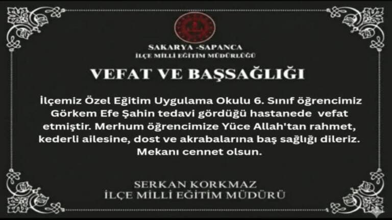 Sapanca İlçe Milli Eğitim Müdürlüğünden Başsağlığı Mesajı
