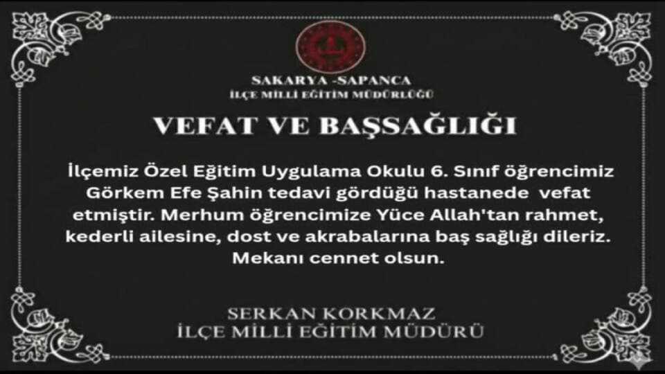 Sapanca İlçe Milli Eğitim Müdürlüğünden Başsağlığı Mesajı