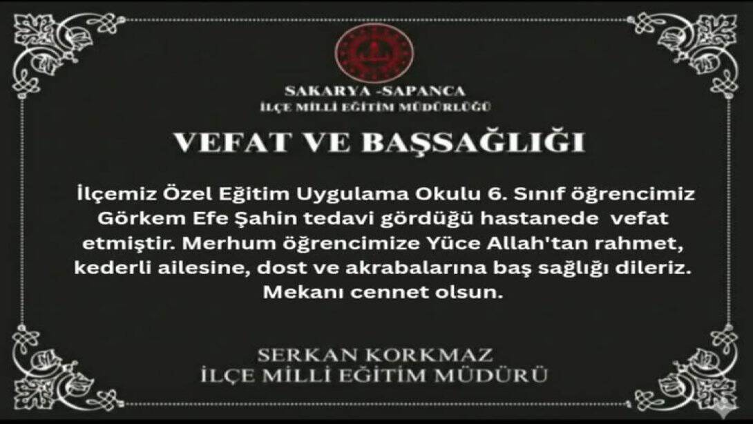 Sapanca İlçe Milli Eğitim Müdürlüğünden Başsağlığı Mesajı
