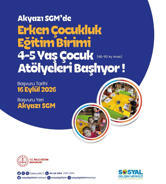 Akyazı SGM’de 4-5 Yaş Çocuk Atölyeleri Başlıyor