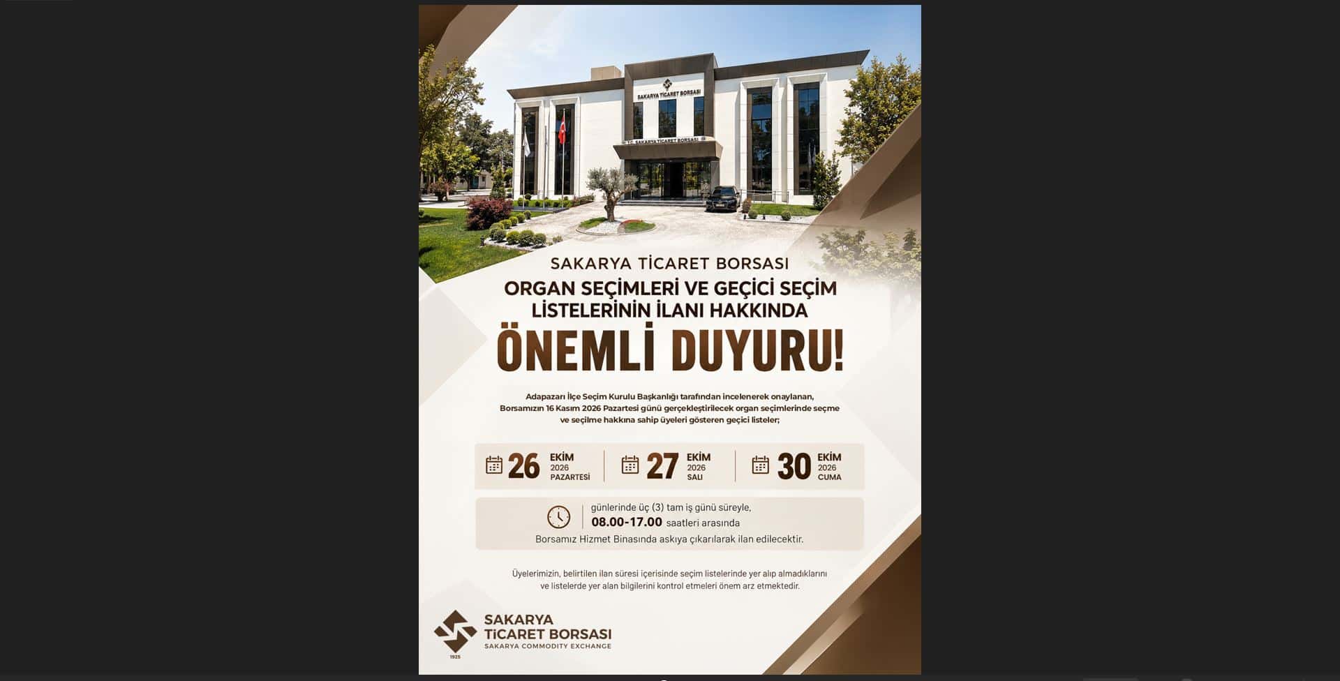 Sakarya Ticaret Borsası Organ Seçimleri Geçici Listesi Askıya Çıktı
